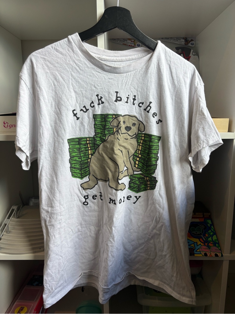 White Graphic Dog T-Shirt with Green Money Design
